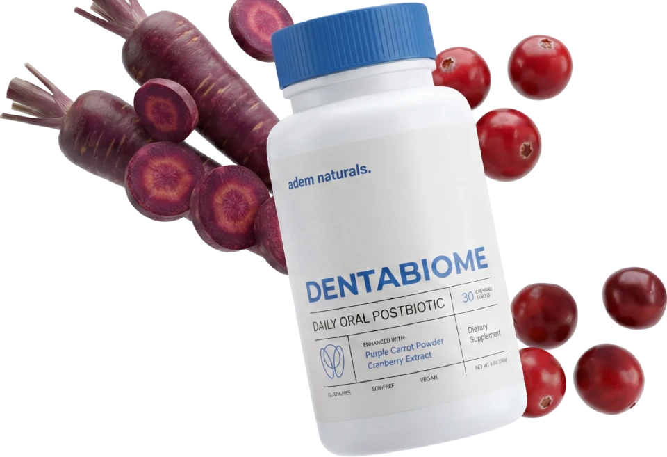 DentaBiome oral postbiotic bottle with purple carrots and cranberries